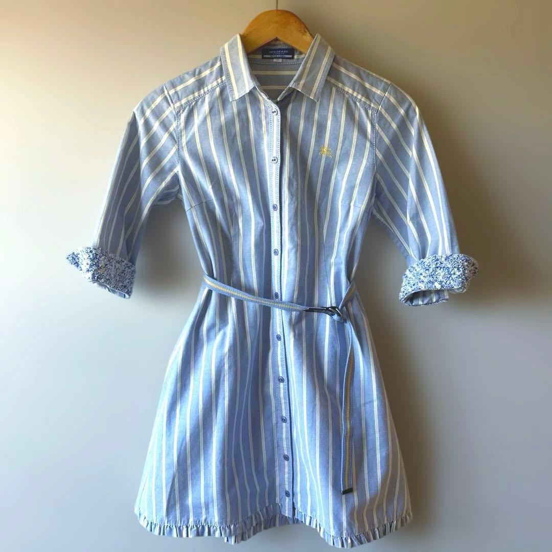 BURBERRY シャツワンピース ストライプ ベルト付き(希少)ロゴ刺繍 38