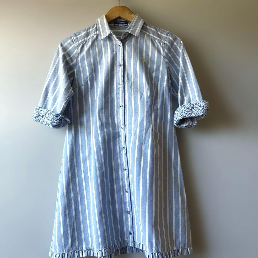 BURBERRY シャツワンピース ストライプ ベルト付き(希少)ロゴ刺繍 38