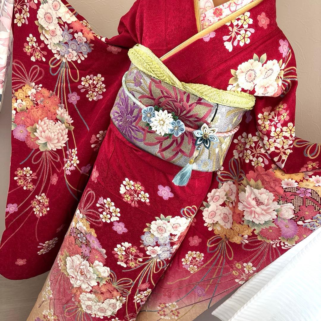美品　正絹振袖フルセット　赤　牡丹　成人式に！！