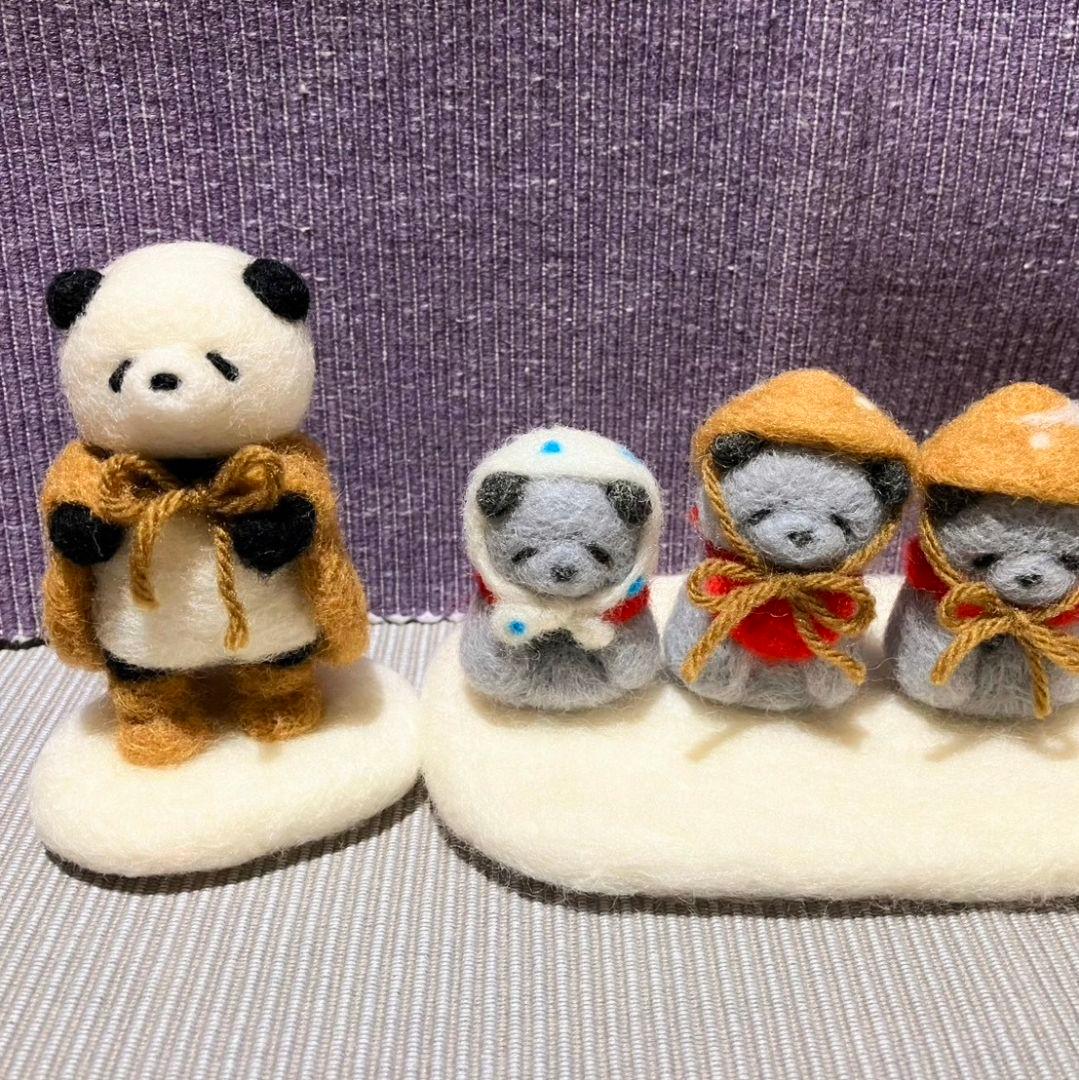 たまたん  羊毛フェルト 作品 パンダと笠地蔵