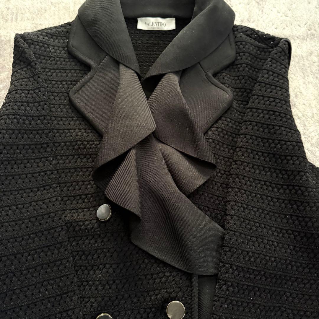 VALENTINO ラッフルフリル 透かし編み ニット コート 黒 XL