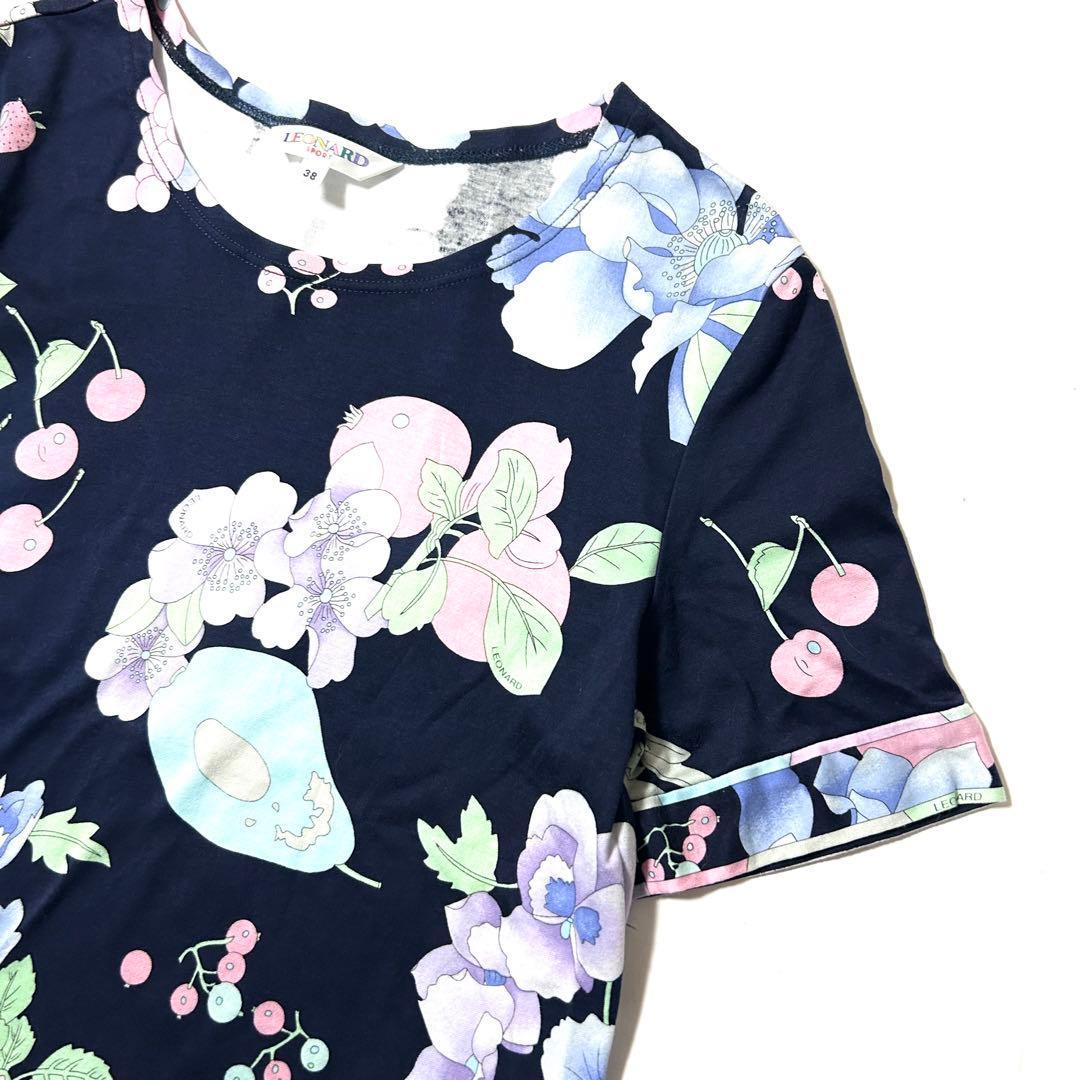 【美品】レオナールスポーツ　半袖　カットソー　ロゴ刺繍　花柄　日本製　紺系　38
