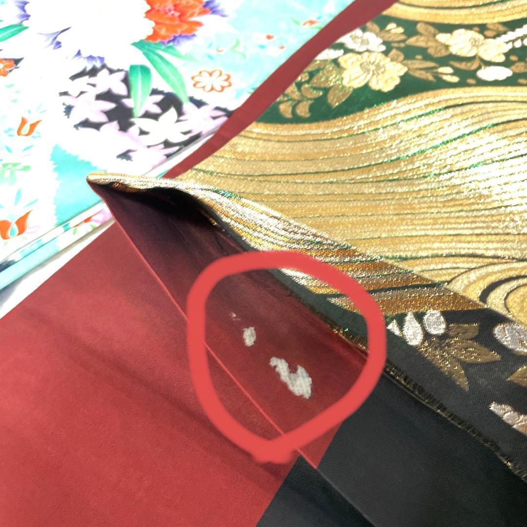 振袖 ミントグリーン 花柄刺繍　金糸　長襦袢半衿付きセット、おまけ付きフルセット