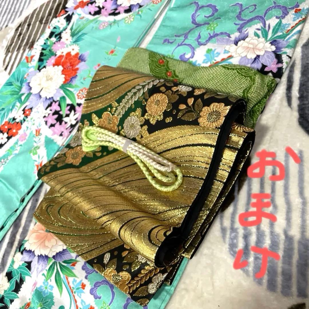 振袖 ミントグリーン 花柄刺繍　金糸　長襦袢半衿付きセット、おまけ付きフルセット
