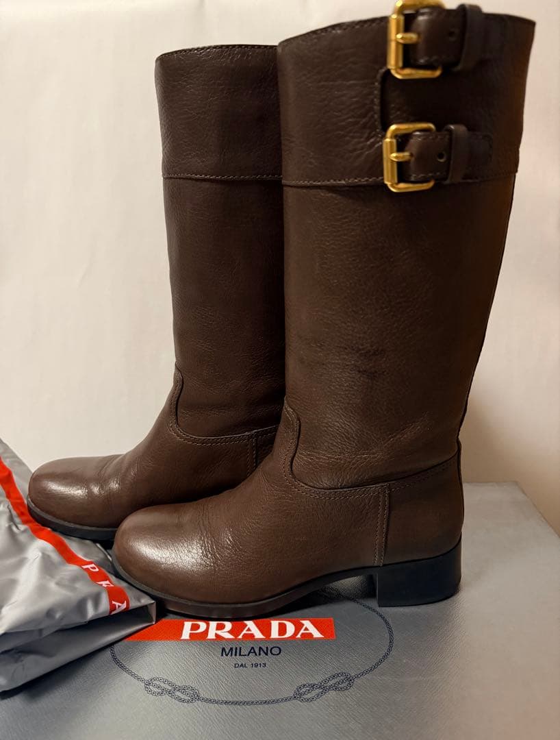新品　PRADA ブラウンレザー ロングブーツ　茶　プラスポ　36