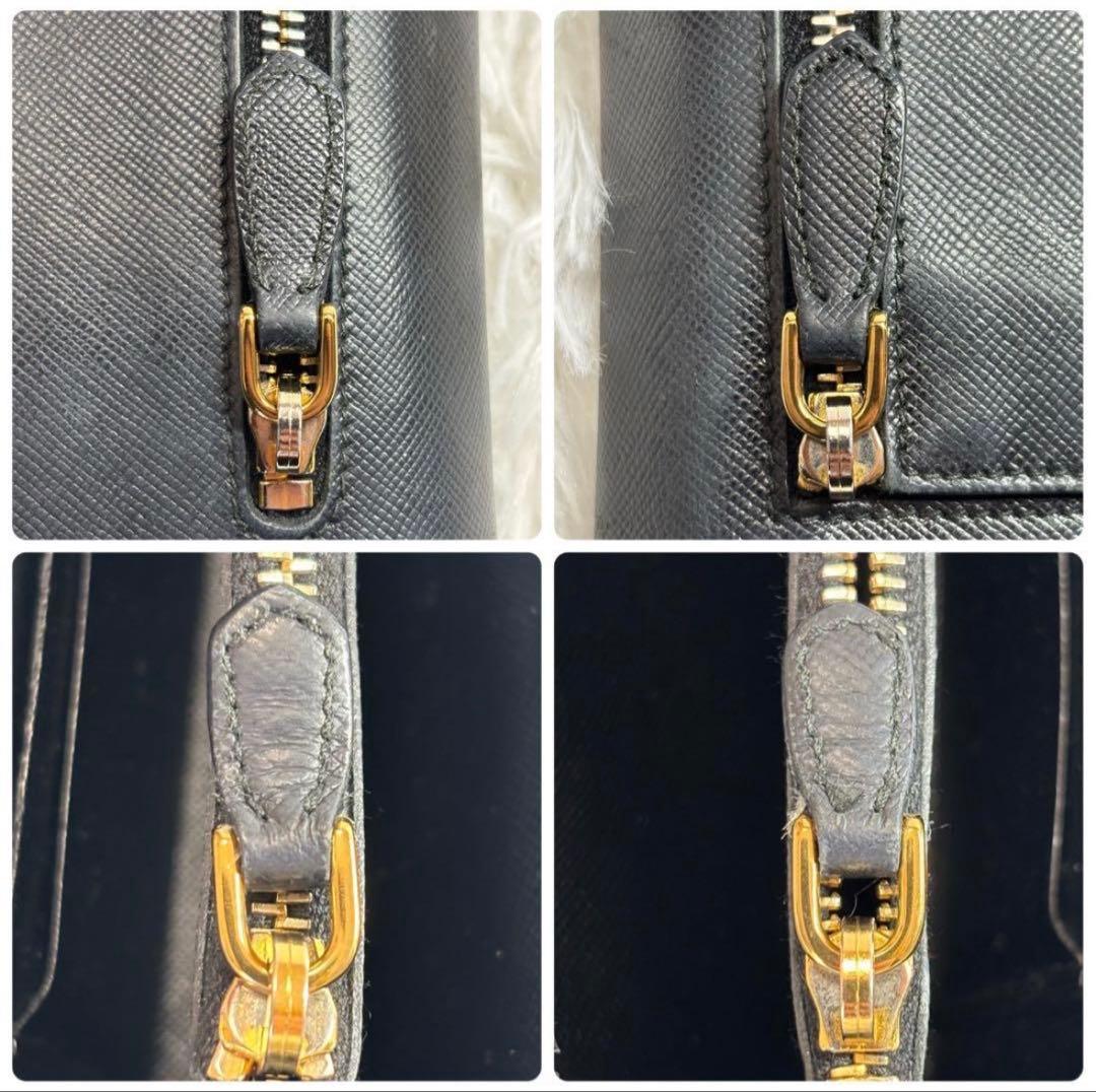 ✨高級✨ プラダ 金ロゴ サフィアーノ 二つ折り財布 レザー ストラップ 黒