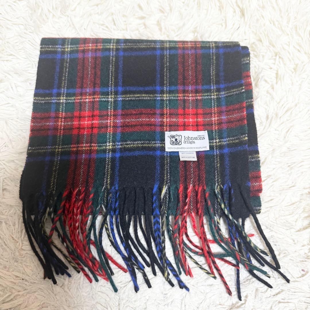 カシミヤ100%/美品✨ジョンストンズ　マフラー ストール チェック フリンジ
