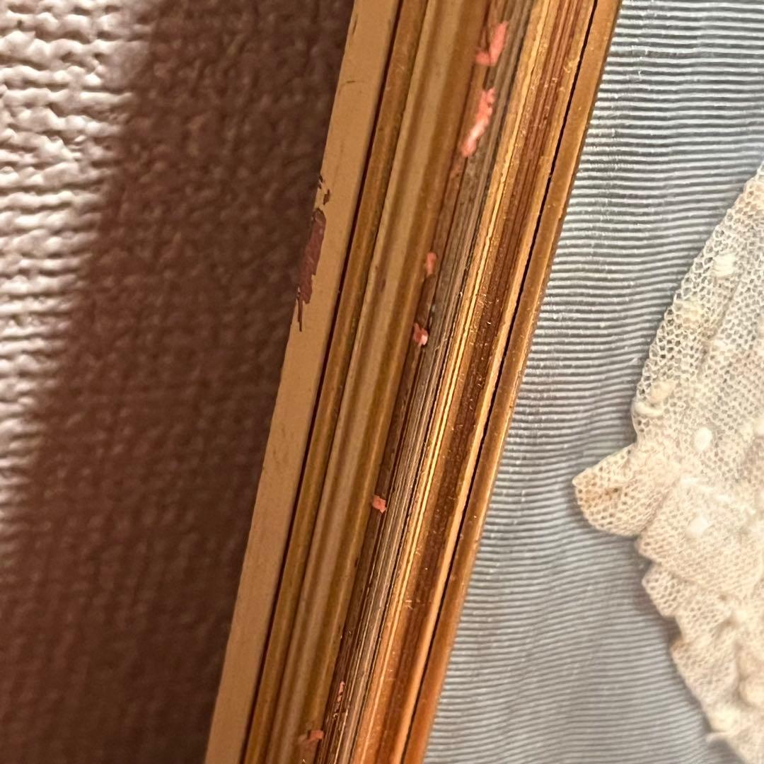 チュールレース　ボネ　額装品　モワレ生地　フランスアンティーク　水色　ベビー