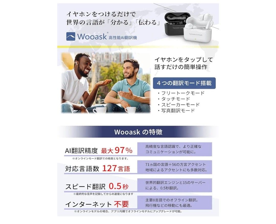 Wooask M6 PLUS ワイヤレスイヤホン型 AI翻訳機 オフライン版