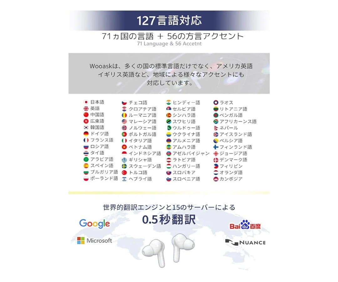 Wooask M6 PLUS ワイヤレスイヤホン型 AI翻訳機 オフライン版