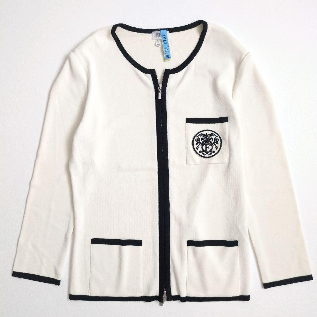 FOXEY フォクシーブティック カーディガン ジップアップ ロゴワッペン L
