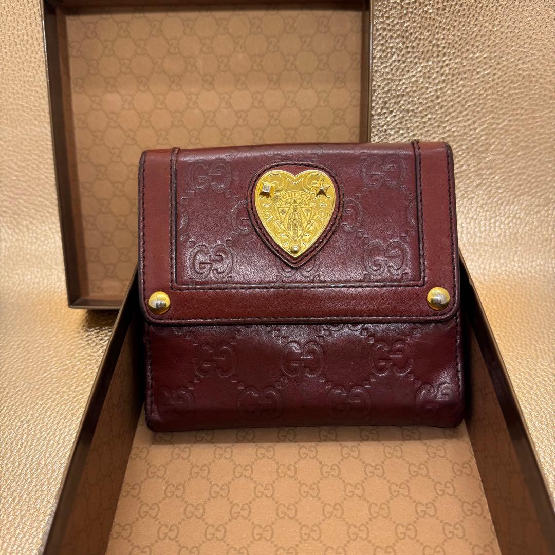 GUCCI ヴィンテージ 三つ折り財布 ハート金具 GG型押し ブラウン