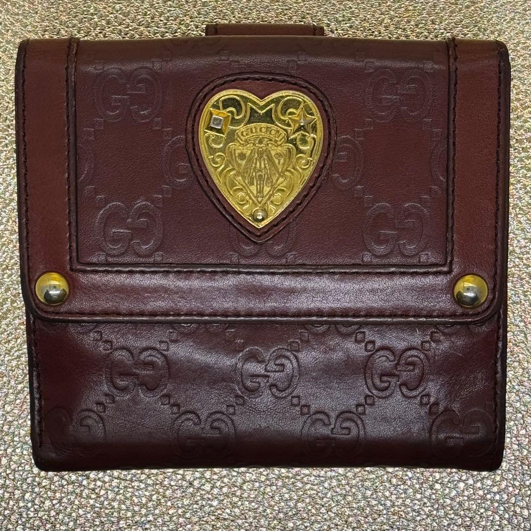 GUCCI ヴィンテージ 三つ折り財布 ハート金具 GG型押し ブラウン