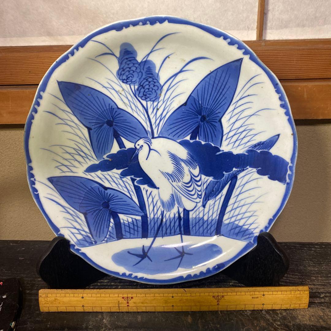 古伊万里　志田窯白鷺図皿【皿立て付き】