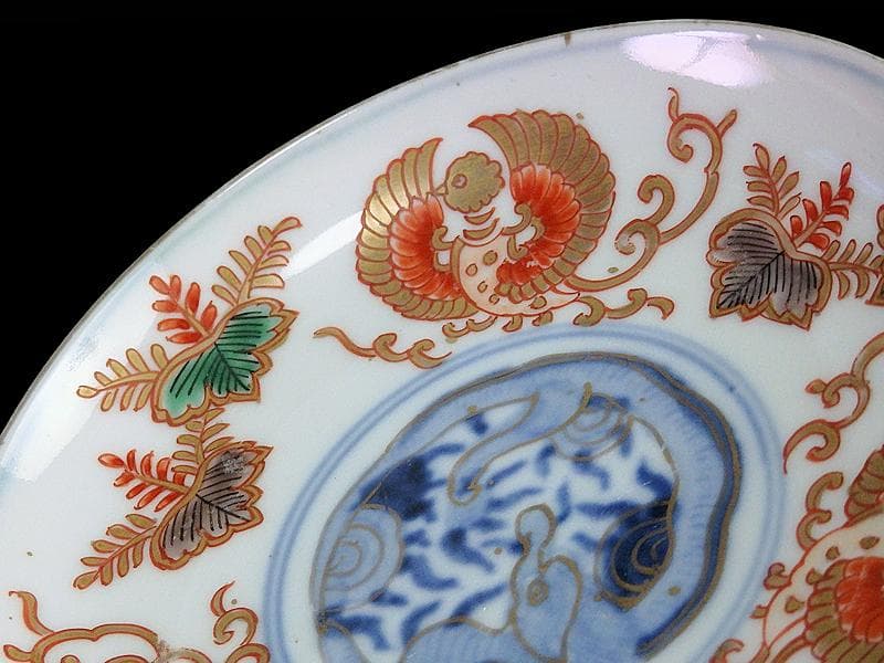 古伊万里　色絵　桐に鳳凰　団龍紋の図　４寸半皿　A809 AS-DAh