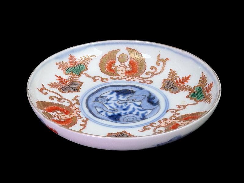 古伊万里　色絵　桐に鳳凰　団龍紋の図　４寸半皿　A809 AS-DAh