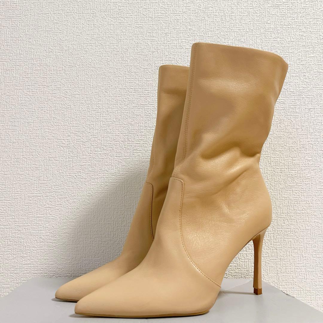ZARA ザラ 本革 リアルレザー スティレットヒール ブーツ 39 ベージュ