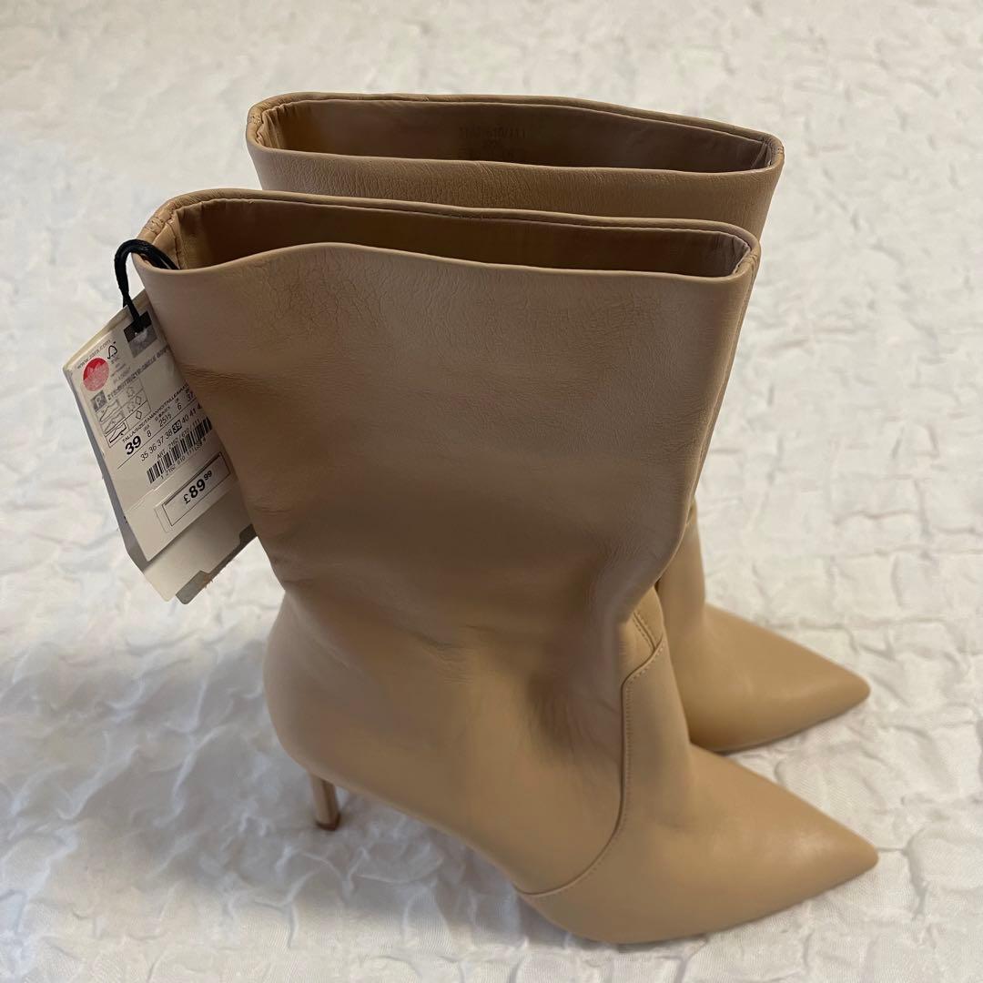 ZARA ザラ 本革 リアルレザー スティレットヒール ブーツ 39 ベージュ