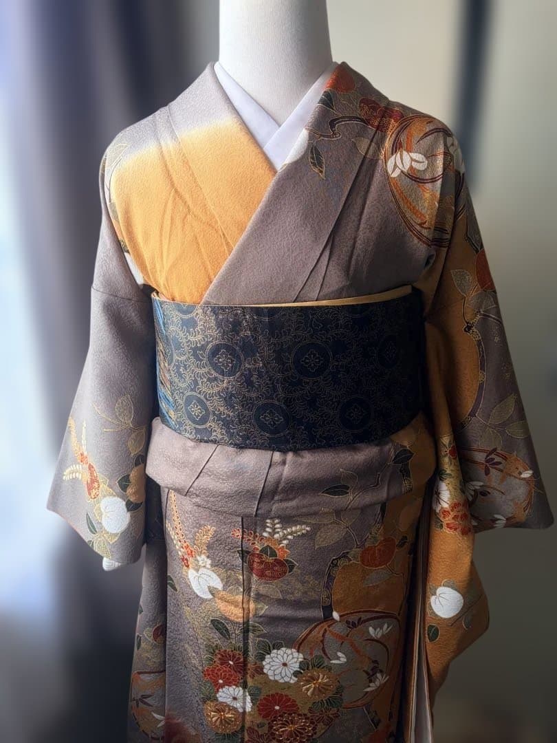 と*ん様 【美品】京友禅 大人の振袖 金茶/グレー/えんじ/古典柄