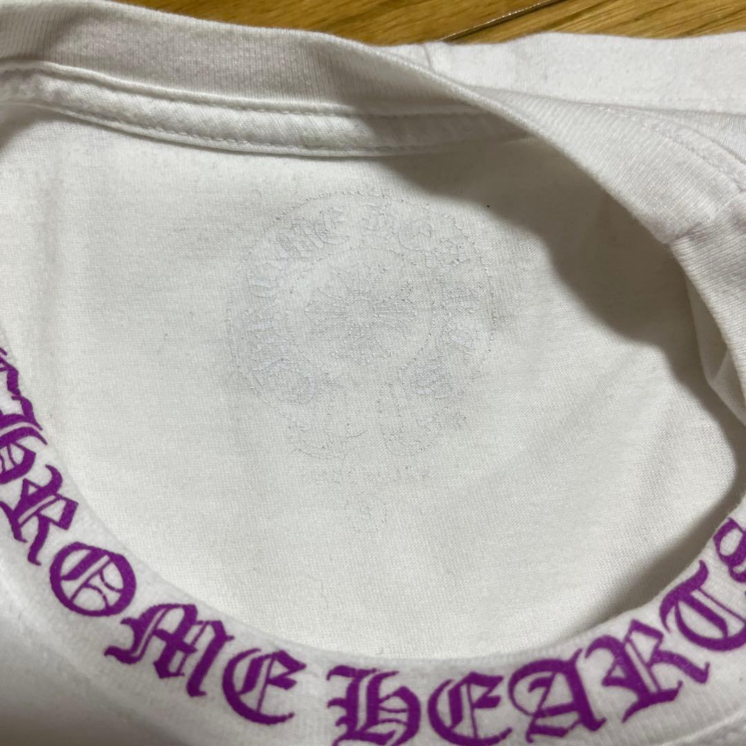 【中古】クロムハーツ ネックロゴプリント Tシャツ S 白 パープルロゴ