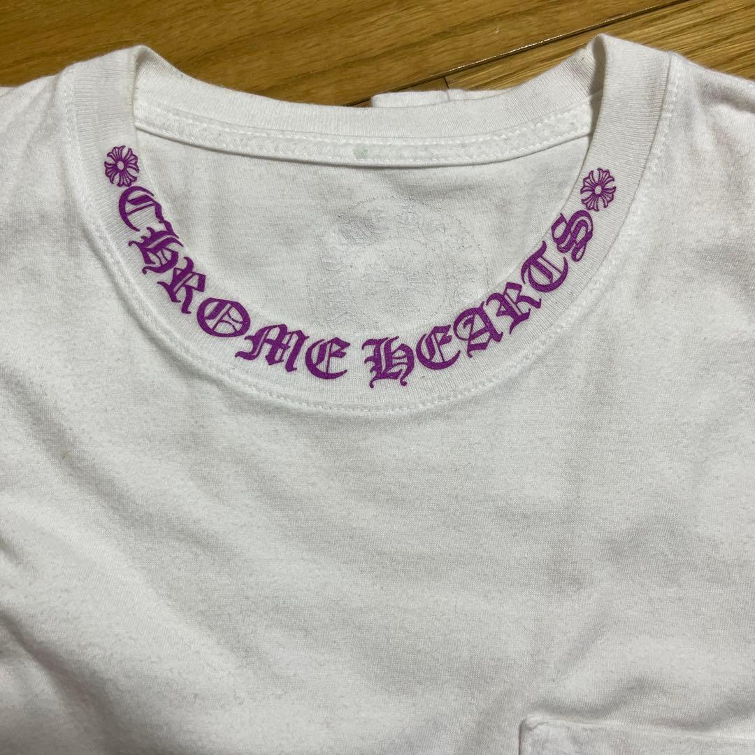 【中古】クロムハーツ ネックロゴプリント Tシャツ S 白 パープルロゴ