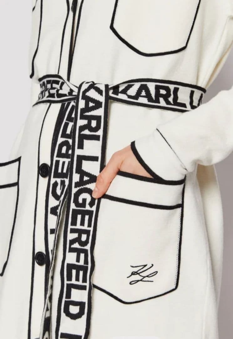 良品　Karl Lagerfeld　ロングカーディガン　S ベルト付 ポケット付