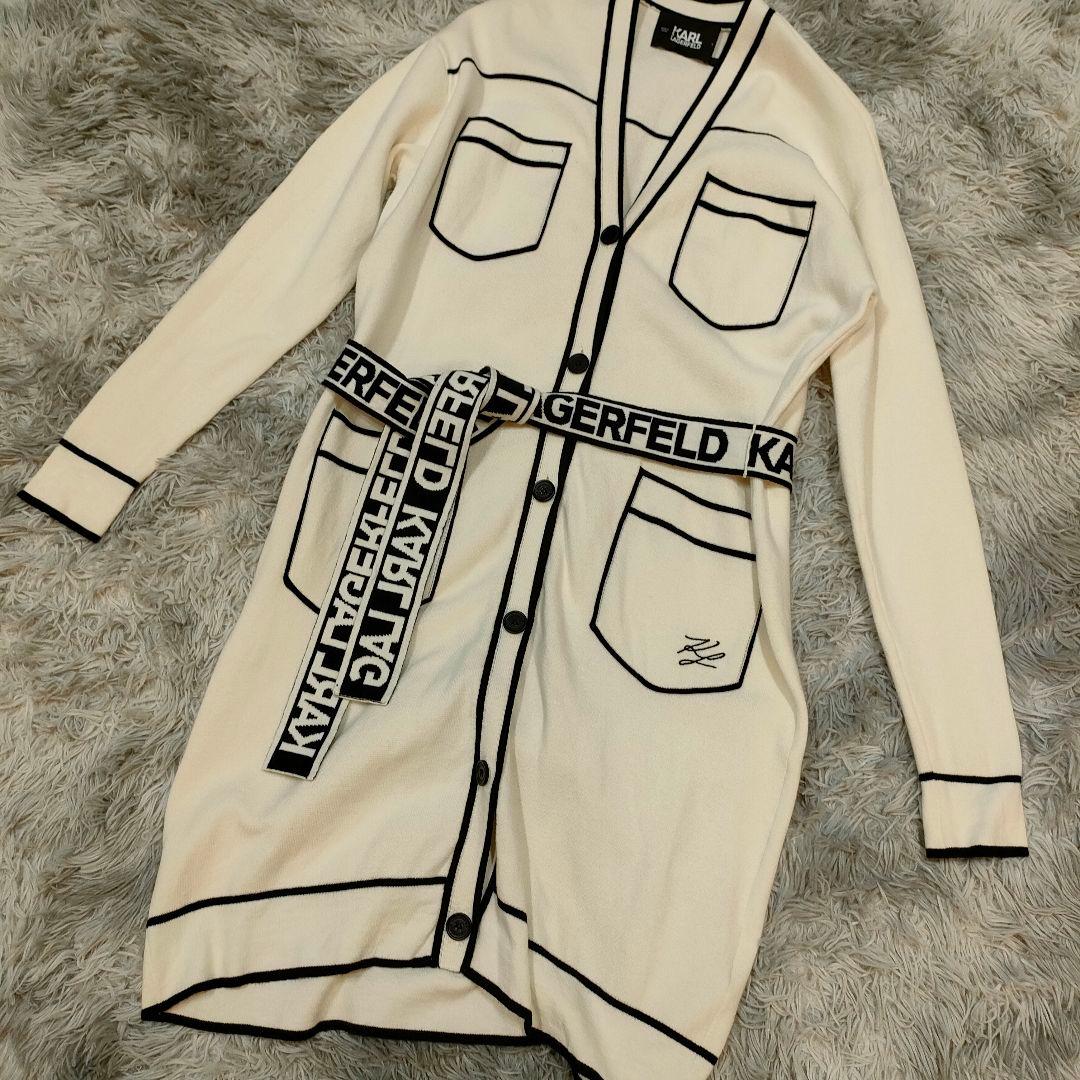 良品　Karl Lagerfeld　ロングカーディガン　S ベルト付 ポケット付
