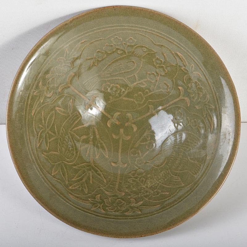 中国　龍泉窯　青磁　陽刻　花鳥文　鉢　C　R5549