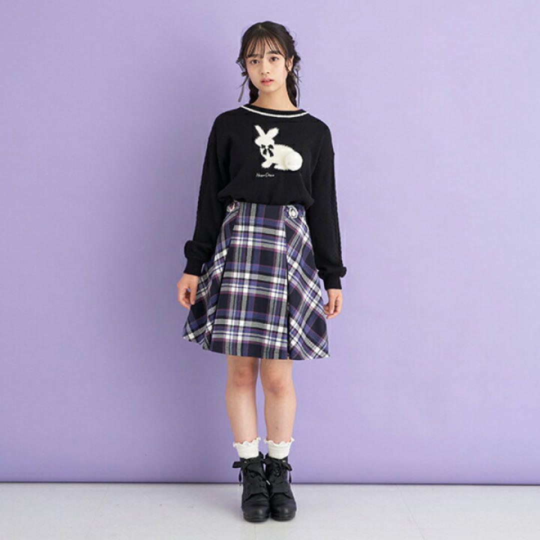 メゾピアノジュニア ぽんぽんつきうさぎニット チェック柄スカート 160 黒