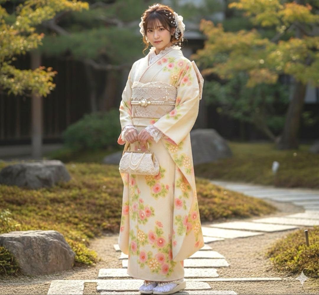 いらち様　振袖　158 高級　総絞り　クリーム色　花柄　成人式　卒業式　希少