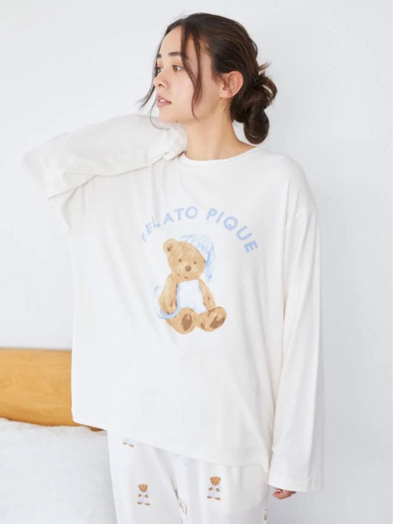 新品 ジェラートピケ GOOD NIGHT BEAR柄ワンポイントロンT