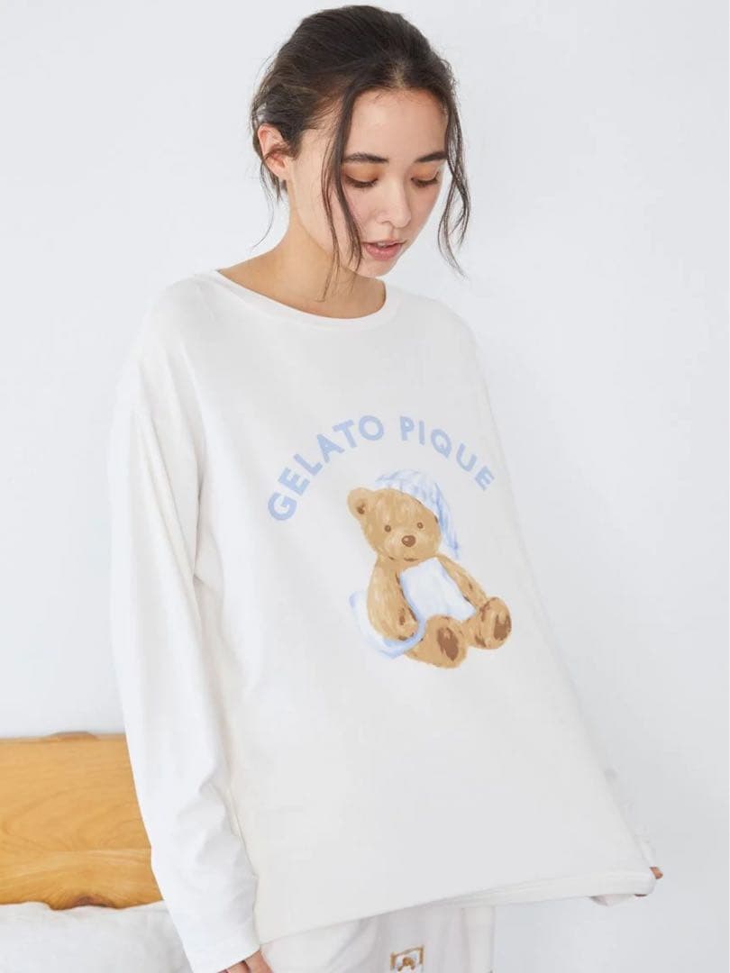 新品 ジェラートピケ GOOD NIGHT BEAR柄ワンポイントロンT