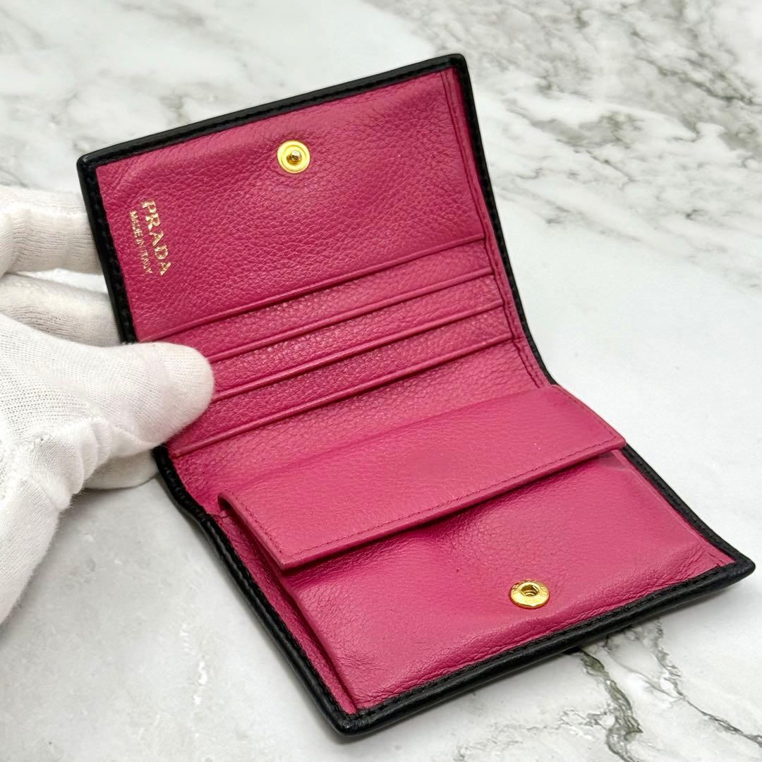PRADA プラダ 二つ折り財布 本革レザー ブラック ピンク バイカラー