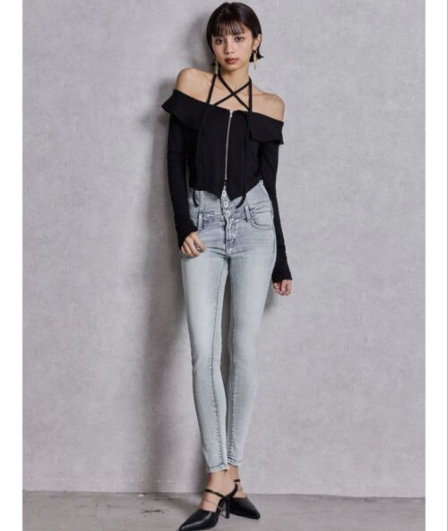 【新品】ハイウエストウエストクロススキニーデニムパンツ
