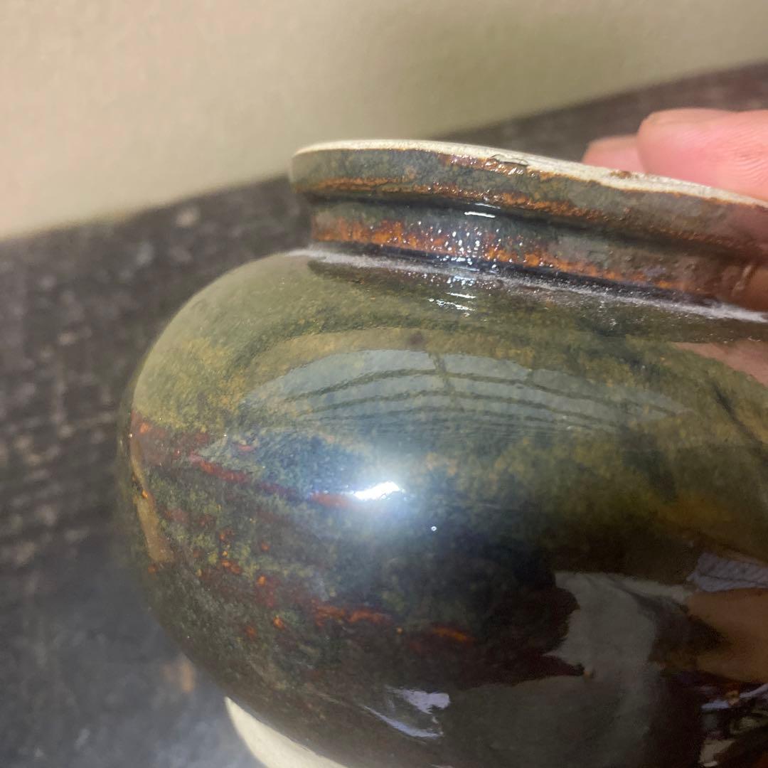 中国古玩　天目釉小壺　11cm9cm【桐箱付】