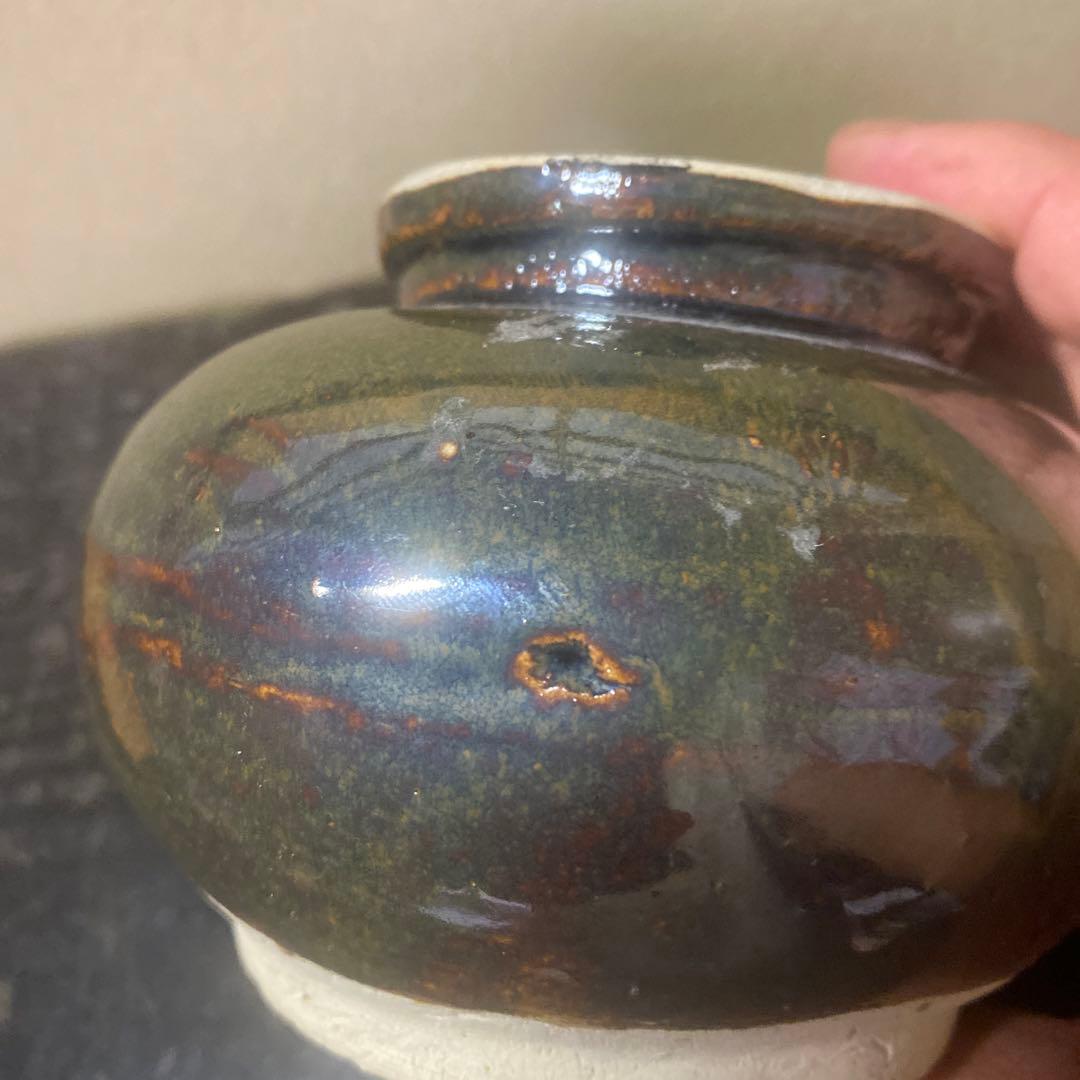 中国古玩　天目釉小壺　11cm9cm【桐箱付】