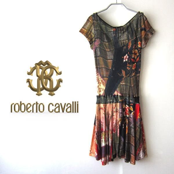 美品　roverto cavalli★　美しいプリントパッチ　ひざ丈ワンピース