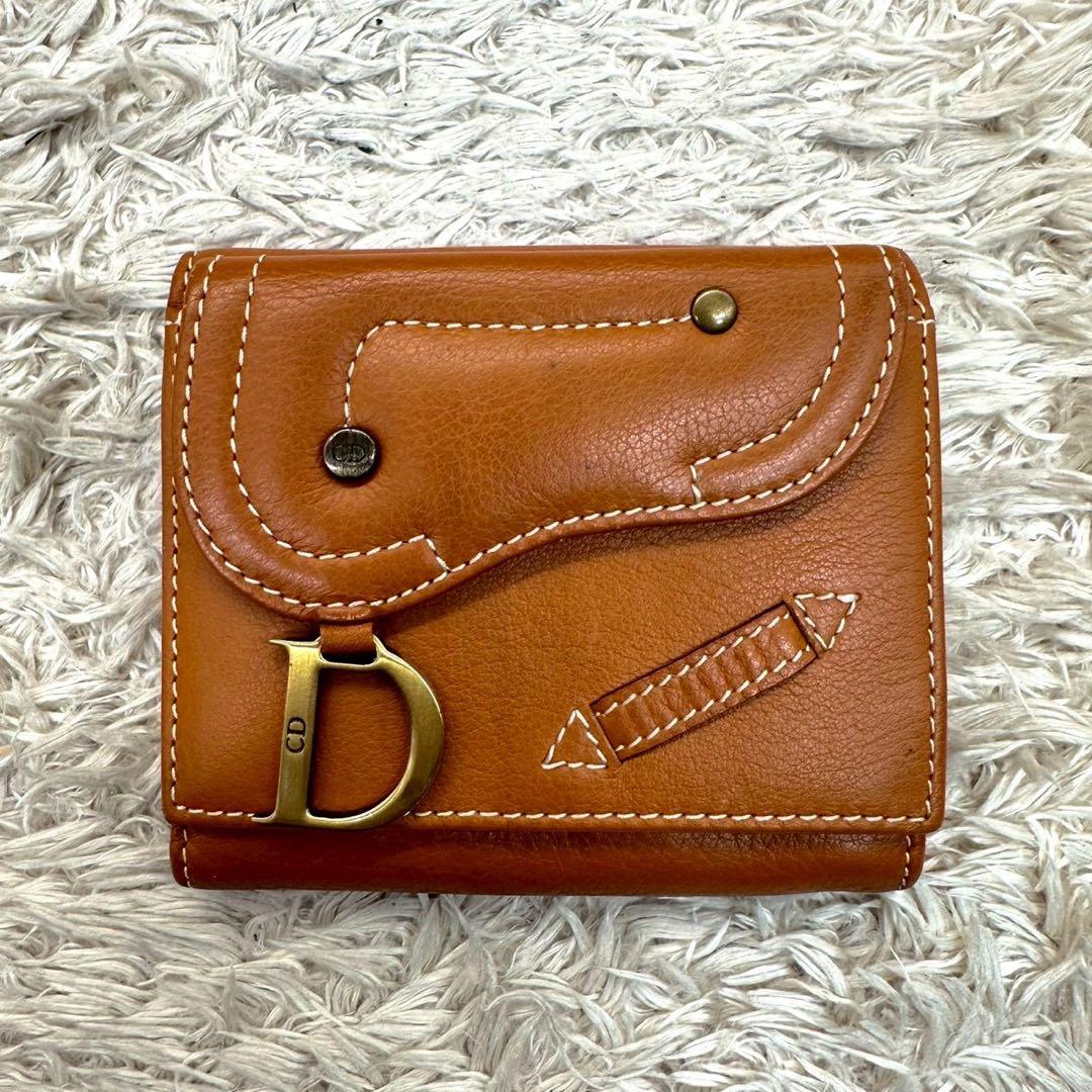 【美品】クリスチャンディオール 二つ折り財布 キャメル D金具