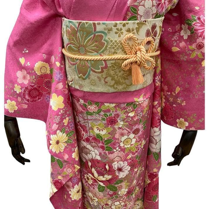 ※【美品】 振袖セット 成人式 正絹 古典柄 振袖 ピンク *131 ●