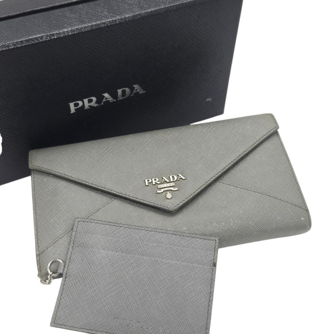 箱あり★PRADA パスケース付き サフィアーノレザー 2つ折り 長財布 グレー