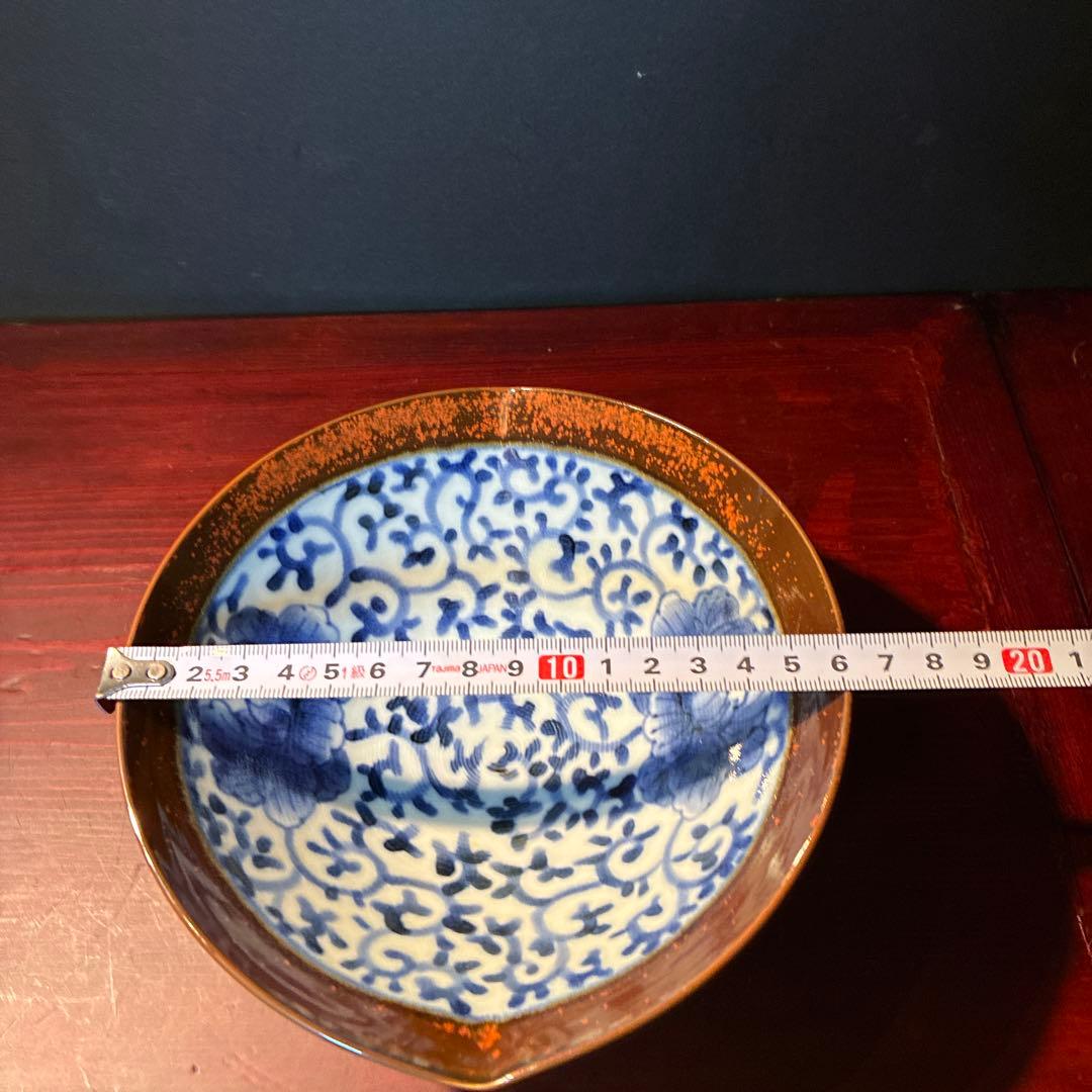 有田焼　福泉窯　 青と白の唐草花模様 茶色の縁取り 盛り皿2個セット