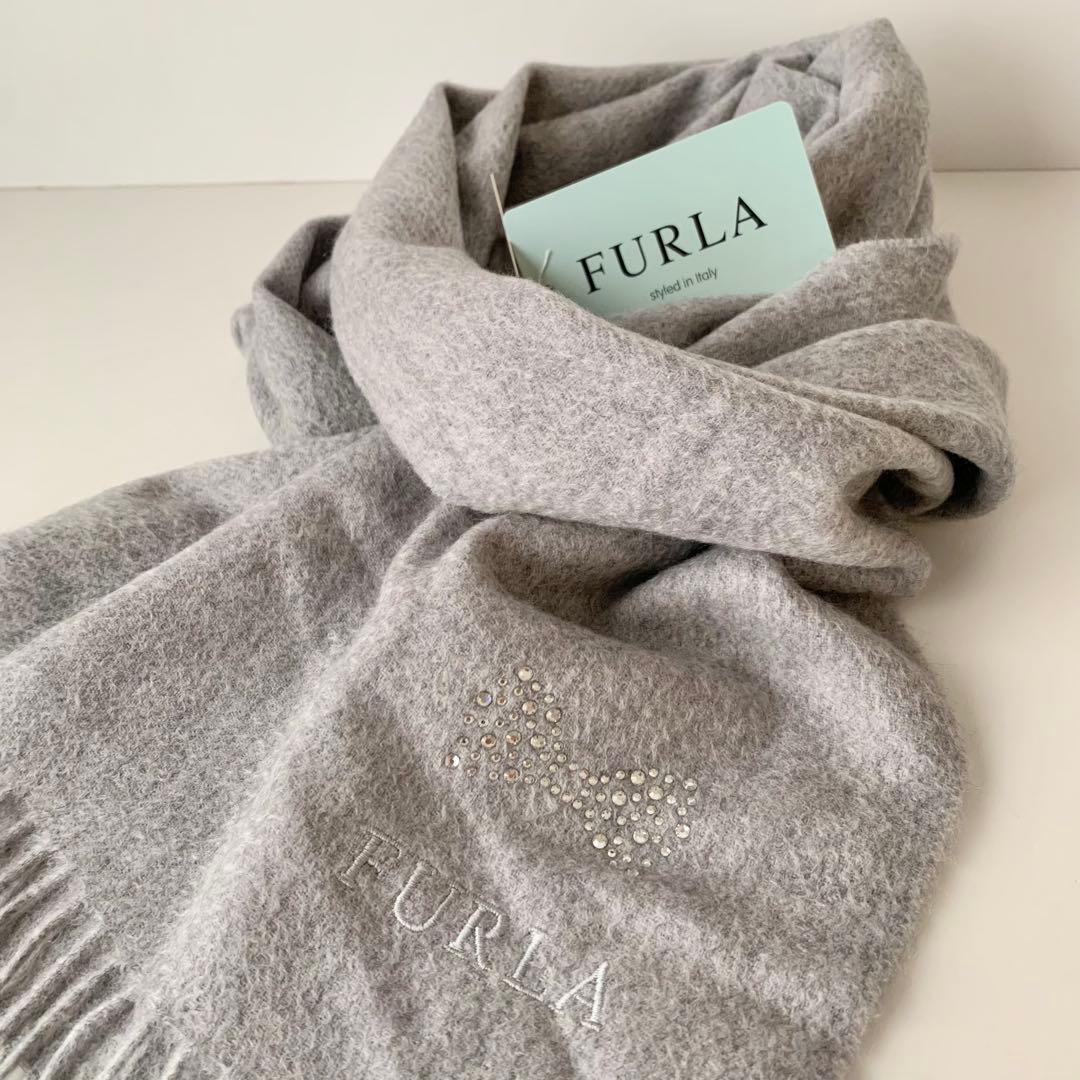【FURLA】フルラ　マフラー　ショール　グレー　ラインストーン　リボン　新品