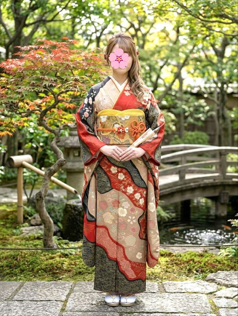 赤ｘ黒　上質絞り　金彩　王道　振袖フルセット　美品　丈166.5 裄69