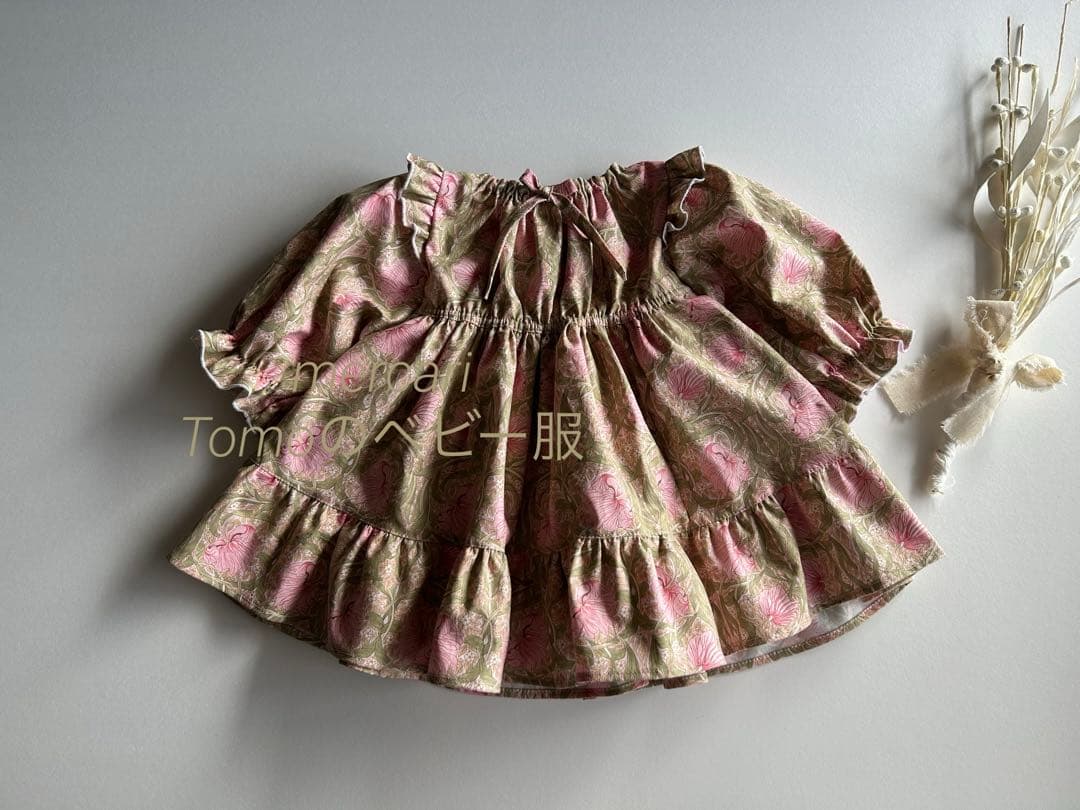 ハンドメイド　モリスピンパネル　ヨークフリルワンピース