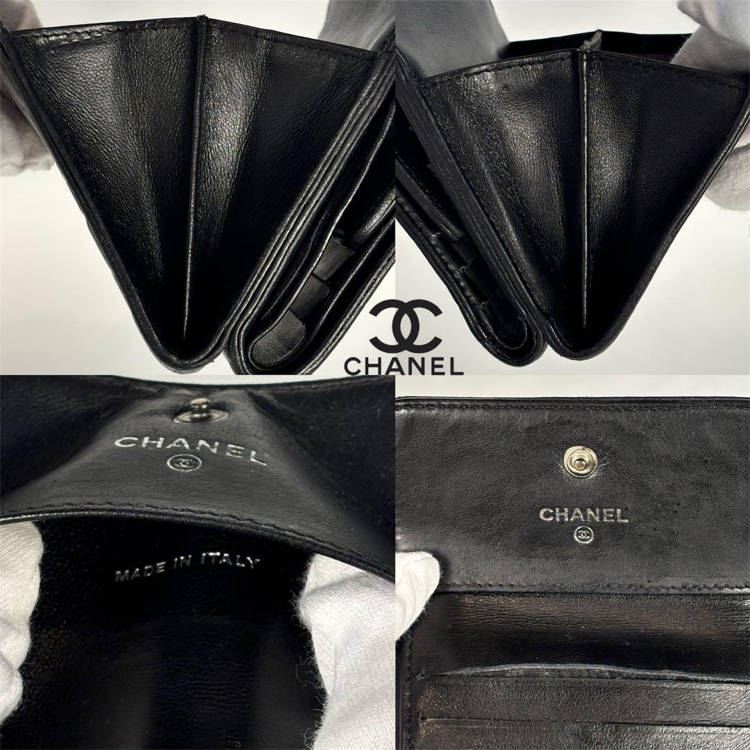 A128 CHANEL 【かなり美品】カメリア コンパクト 三つ折り財布 黒