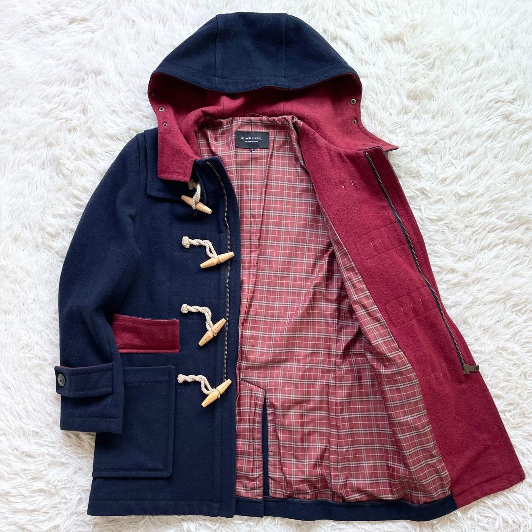 BURBERRY 裏地チェック ウール メルトン ダッフルコート ロゴトグル 紺