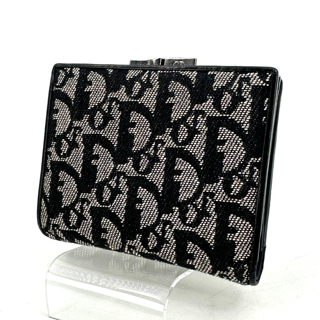 【美品】Christian Dior トロッター柄 がま口 折財布 ブラック