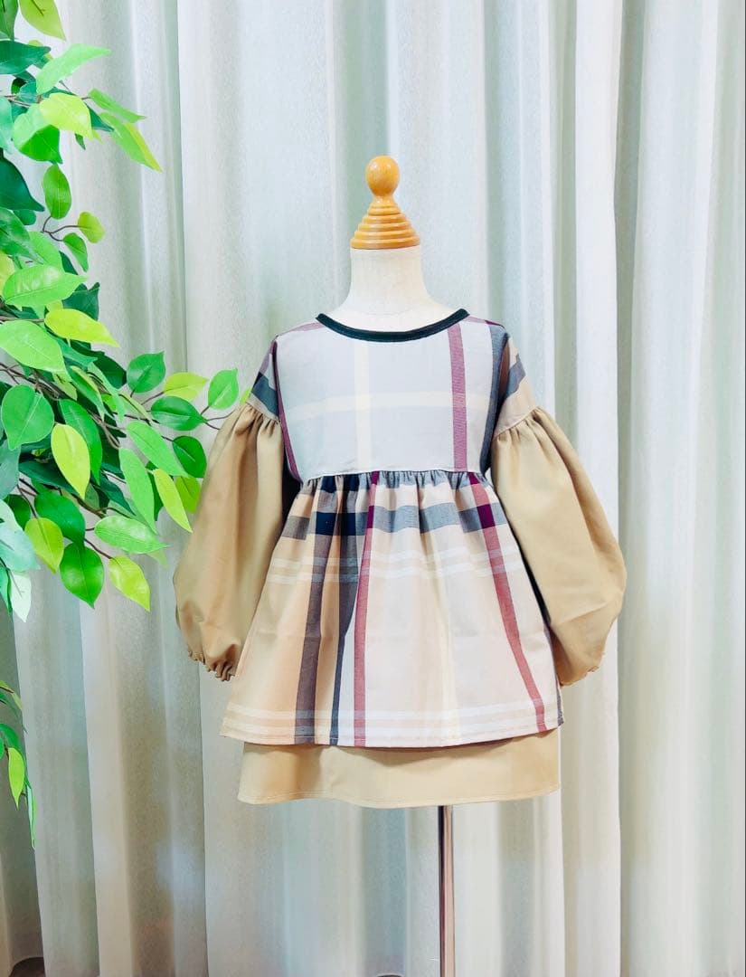 handmade母娘リンクコーデ♡ベージュ系大格子xベージュ無地♡親子お揃い