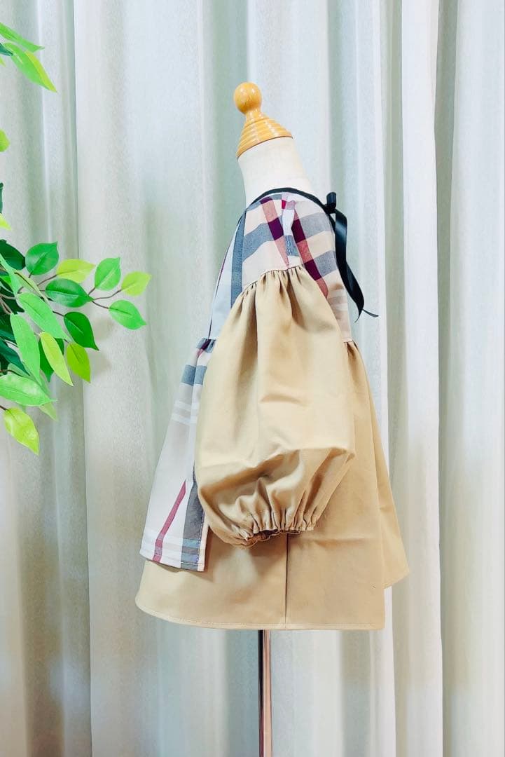 handmade母娘リンクコーデ♡ベージュ系大格子xベージュ無地♡親子お揃い