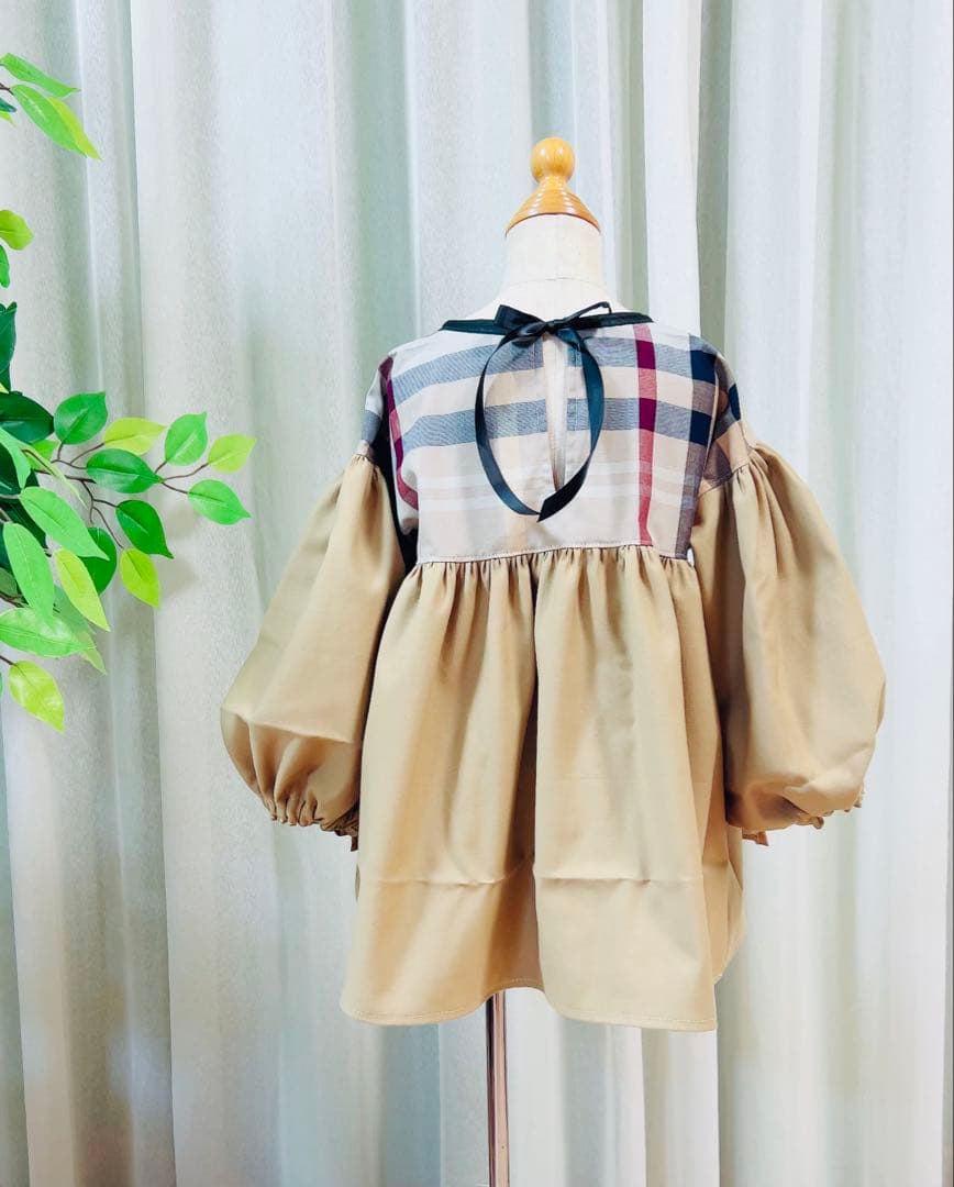 handmade母娘リンクコーデ♡ベージュ系大格子xベージュ無地♡親子お揃い